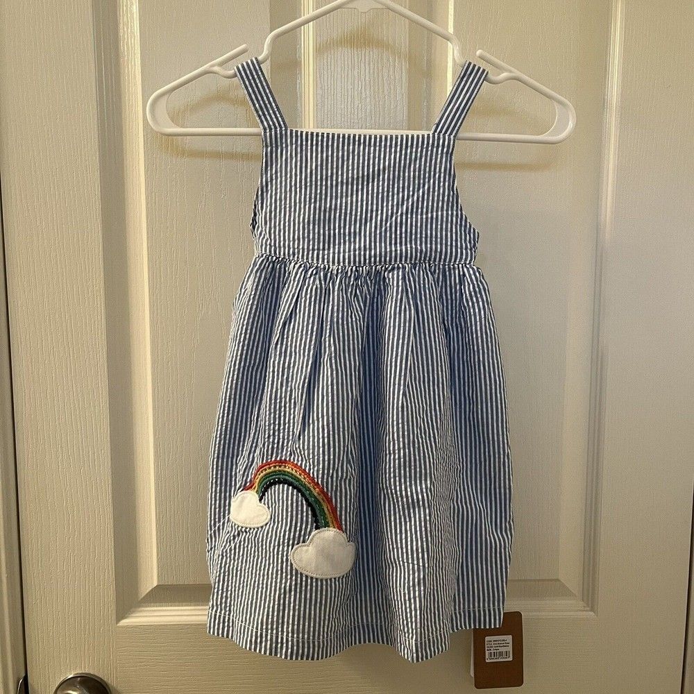 Frugi Cobalt Stripe Rainbow Applique Alma Summer Dress Girls Size 3-4 NWT